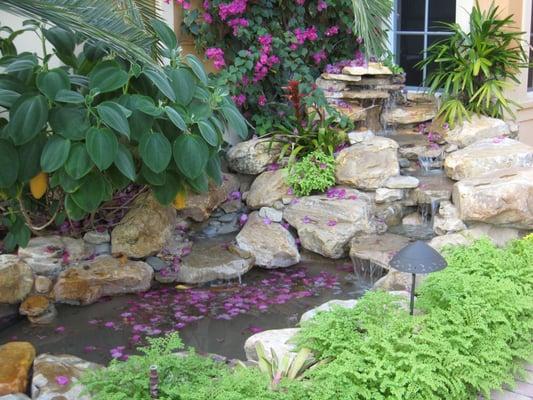 Small garden pond and waterfall in Florida front yard