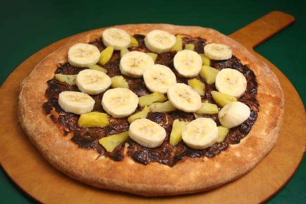 Chocolate Pizza?! Yes please!! (Topped with melted chocolate, fresh banana pieces, and pineapple chunks.)