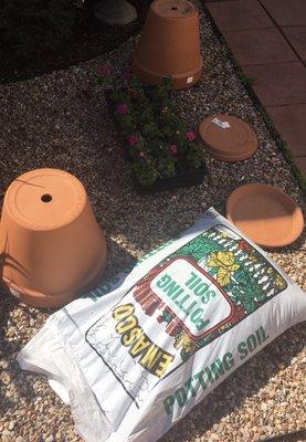 Two pots, two saucers, flat of impatiens, soil