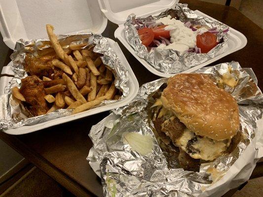 Ultimate gyro cheeseburger, Perri Perry Wings, and Greek Style Gyro Sandwich