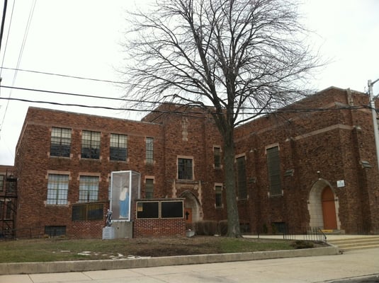 Wide shot of school building and rec center.