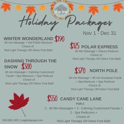 Holiday packages on sale now! Call 208-939-1901 to book!