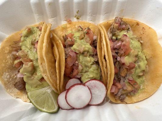 Tacos pork carnitas for takeout. Wasn't bad--so much better dining in.