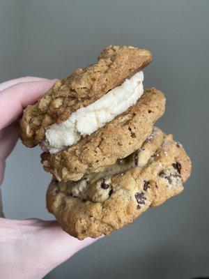 Oatmeal cream pie and chocolate chip cookie