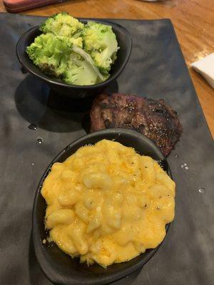 Mac and cheese, steak, broccoli