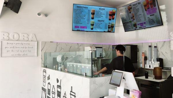 Staff is helpful and friendly. The menu has a good variety of choices but only one-size of boba drinks.