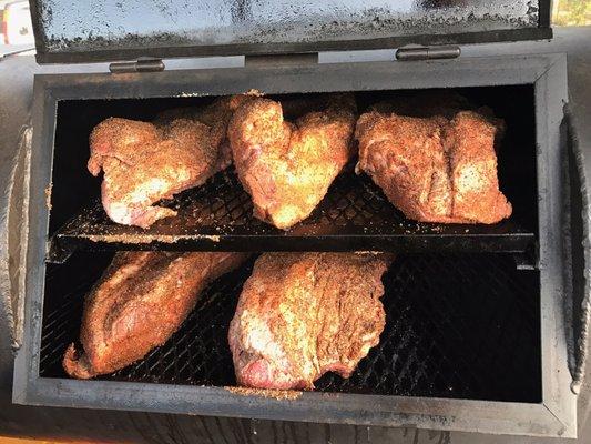 Briskets in the Smoke Bath.