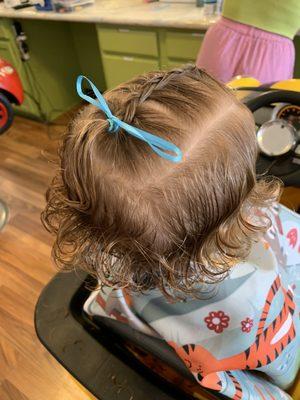 Almost done fresh cut and hairdo just pre-glitter. Blue to match her ribbon.