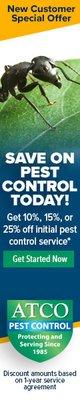 ATCO Pest Control your Ant Control Specialists. See the banner ad with an ant on mature landscaping.