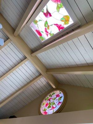 Love the Morning Glory stained glass window and skylight!