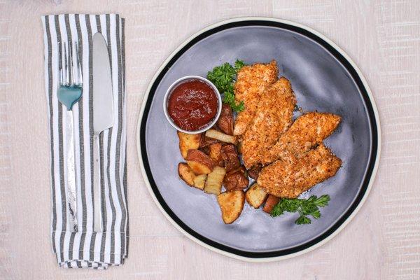 Almond coconut crusted chicken strips (GF) with roasted potatoes and house made paleo BBQ sauce