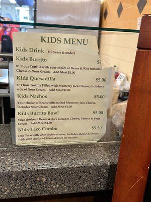 Kids menu