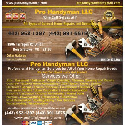 Handyman Services in Baltimore areas By Pro Handyman LLC