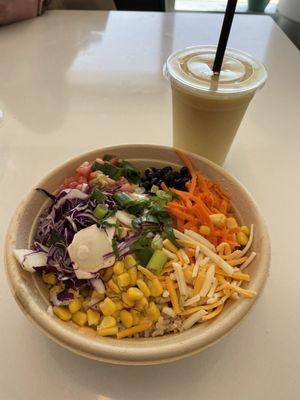 Chipotle Cheddar bowl with Tropical Mango smoothie