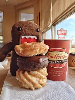 Cruller, Double Chocolate, and Sour Cream Glaze with a Double Double decaf!