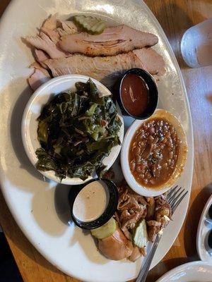 Mr. Jim's Deluxe Combo with Smoked Chicken and Turkey Breast. The beans were pretty good, but the Slow-Cooked Collards were next level.