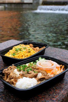 Rice Bowl: cucumbers, pickled carrots and daikon, and rice with choice of crispy vegan tofu, lemongrass chicken, or marinated pork ($12).