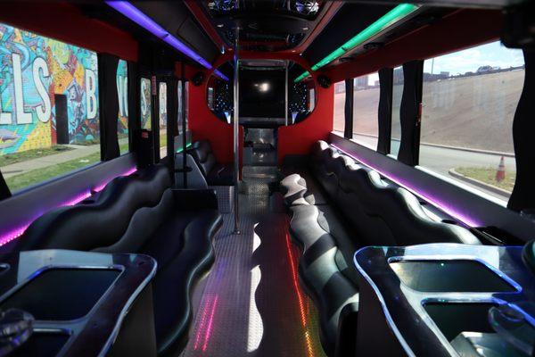 Inside the "Bachelor" 30 passenger party bus limo.