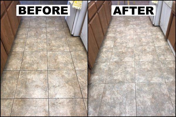 Before and after pics of a tile floor cleaning. Our equipment does a great job.