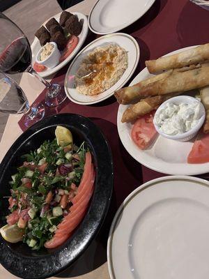 Salad, hummus, filo, falafel app