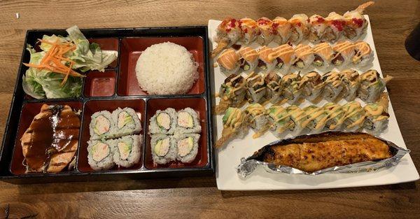 2-item bento (salmon teriyaki & CA roll) & a few sushi rolls