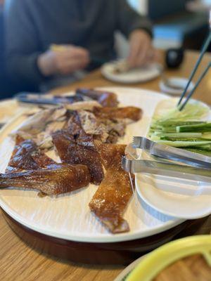 Whole Peking Duck (partly eaten), came w about 15  homemade wraps and scallion/cucumber sliced