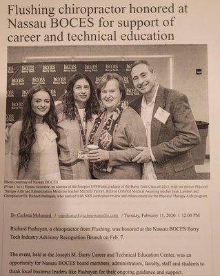 Doctor Richard Pashayan honored at Nassau BOCES on 2/7/20