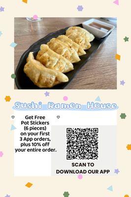 Download App and enjoy Free pot stickers for your first 3 orders!