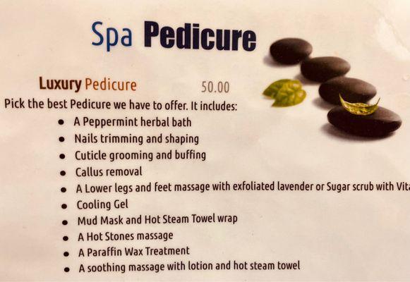 Luxury pedicure menu