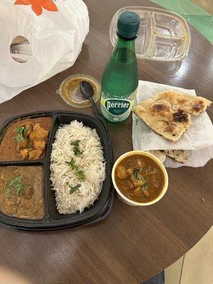 Garlic Naan, chicken curry, lamb massala