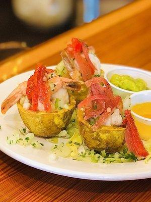 Garlic Shrimp Tostones Rellenos.