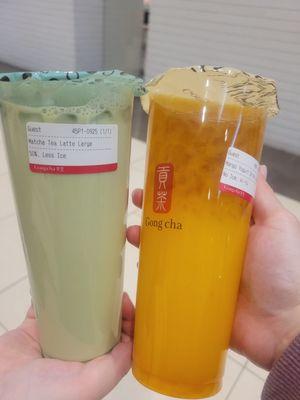 Matcha tea latte and mango yogurt drink