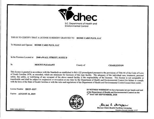 South Carolina department of Health and environmental Control License