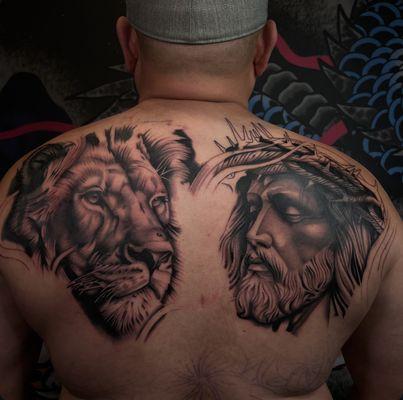 Religious black and gray back tattoo in progress by Richard. Free consultations always available via our website, or walk in any day 12-9pm