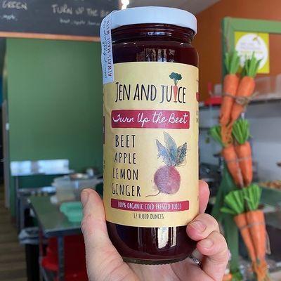 Jen and Juice organic cold pressed "Turn up the beet" bold spicy & earthy flavors, a little sweetness from a hint of apple.