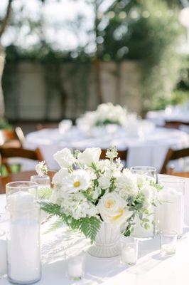 Wildflower-inspired, classic white centerpiece for Emily at the Santa Barbara Club