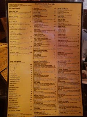 Hibachi/sushi menu