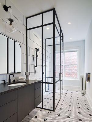 Steel framed shower white bathroom