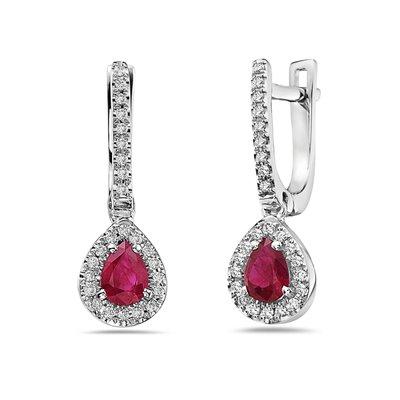 14k white gold with ruby and diamond earrings.  Made in the USA.