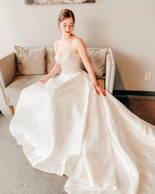 Stunning satin wedding dress ballgown with beaded straps and full train!