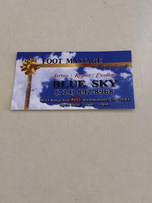 Cindy Gave Me Blue Sky Foot Massage Business  Card, to Call for Appointments, And the Address to go there,