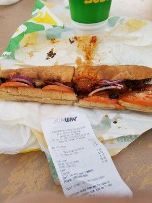 Foot long meatball marinara and 32 ounce Coke. It costed $8.54 after taxes.