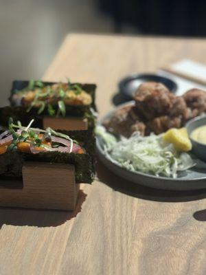 Karaage, sea bass hand roll (my fave) and salmon hand roll