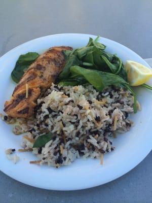 Salmon,rice, steamed spinach. $8+tax