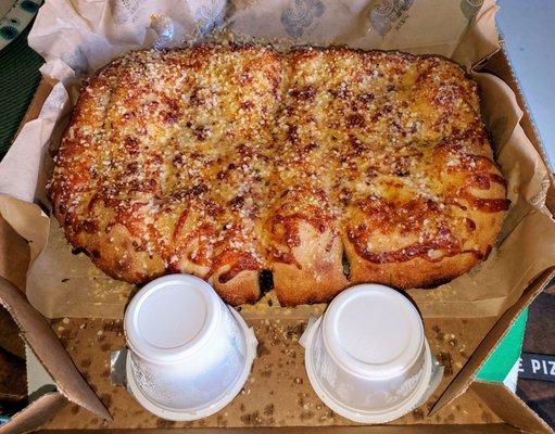 Cheesy Bread.  Sides of pizza sauce & ranch