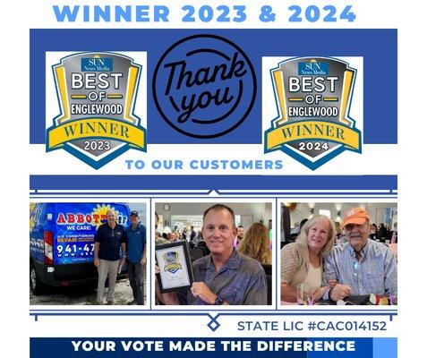 Best of Englewood Winners 2-years in a row. Call us for you air conditioner service.