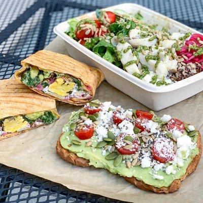 Morning glory wrap, superseed toast, chicken pesto grain bowl. IG @martiwantsmore