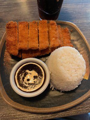 The chicken katsu, lunch portion. With rice and an oddly reflective katsu sauce.