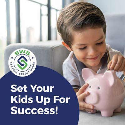 Child placing coins into piggie bank "Set your kids up for success!"