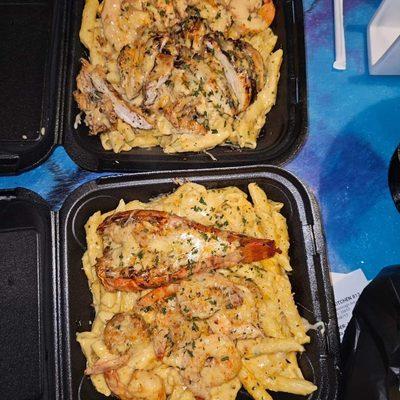 Fried Lobster tail and Shrimp pasta. Chicken and Shrimp pasta